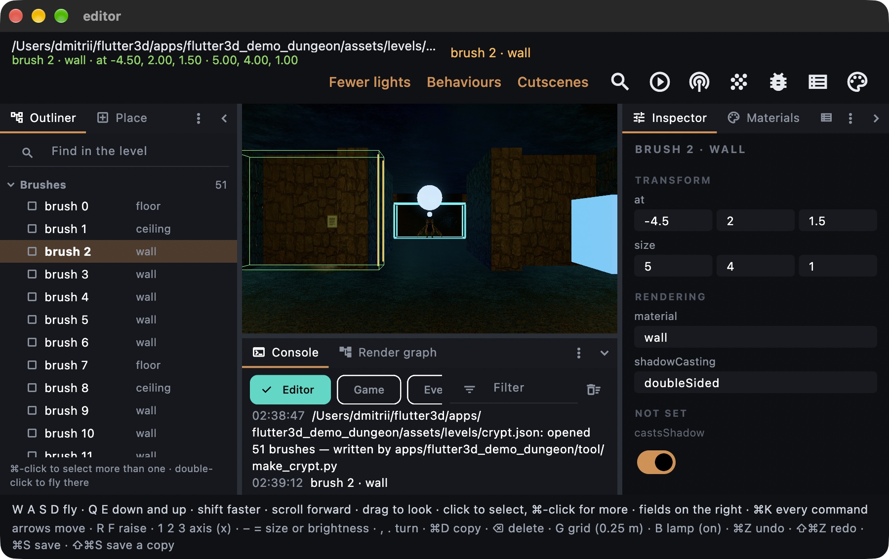 The crypt open in the editor: the outliner on the left with a wall brush selected in it, the same brush caged in the picture, its fields on the right grouped as transform and rendering, the console along the bottom