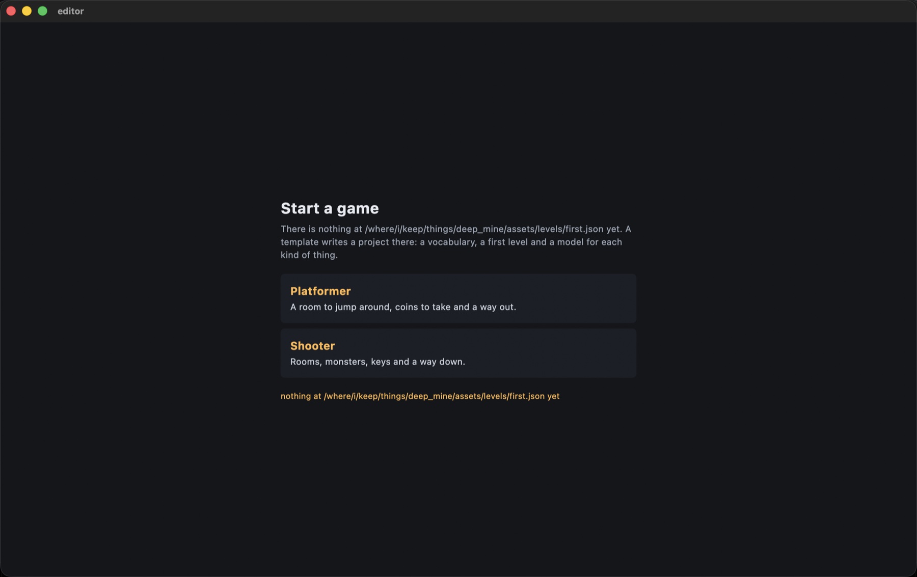 The editor pointed at a path that does not exist yet, offering to create a project from a template