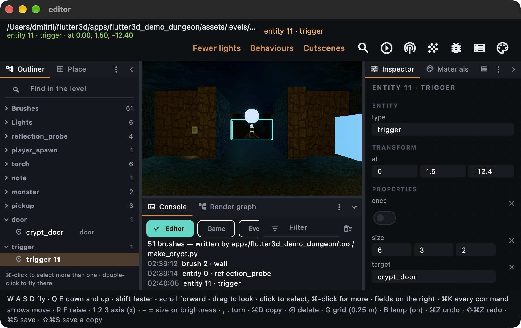 A trigger selected in the outliner, its other headings folded: its type and position, then its own properties (once, size, target) as editable fields, each with a button that takes it out
