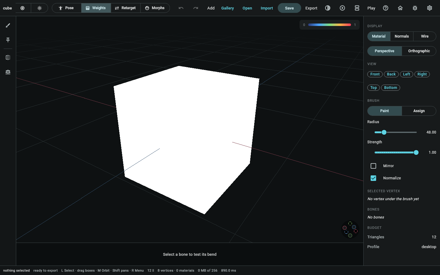 Animation mode, weights sub-mode: the gradient shading that shows one joint's influence, and the brush that paints it