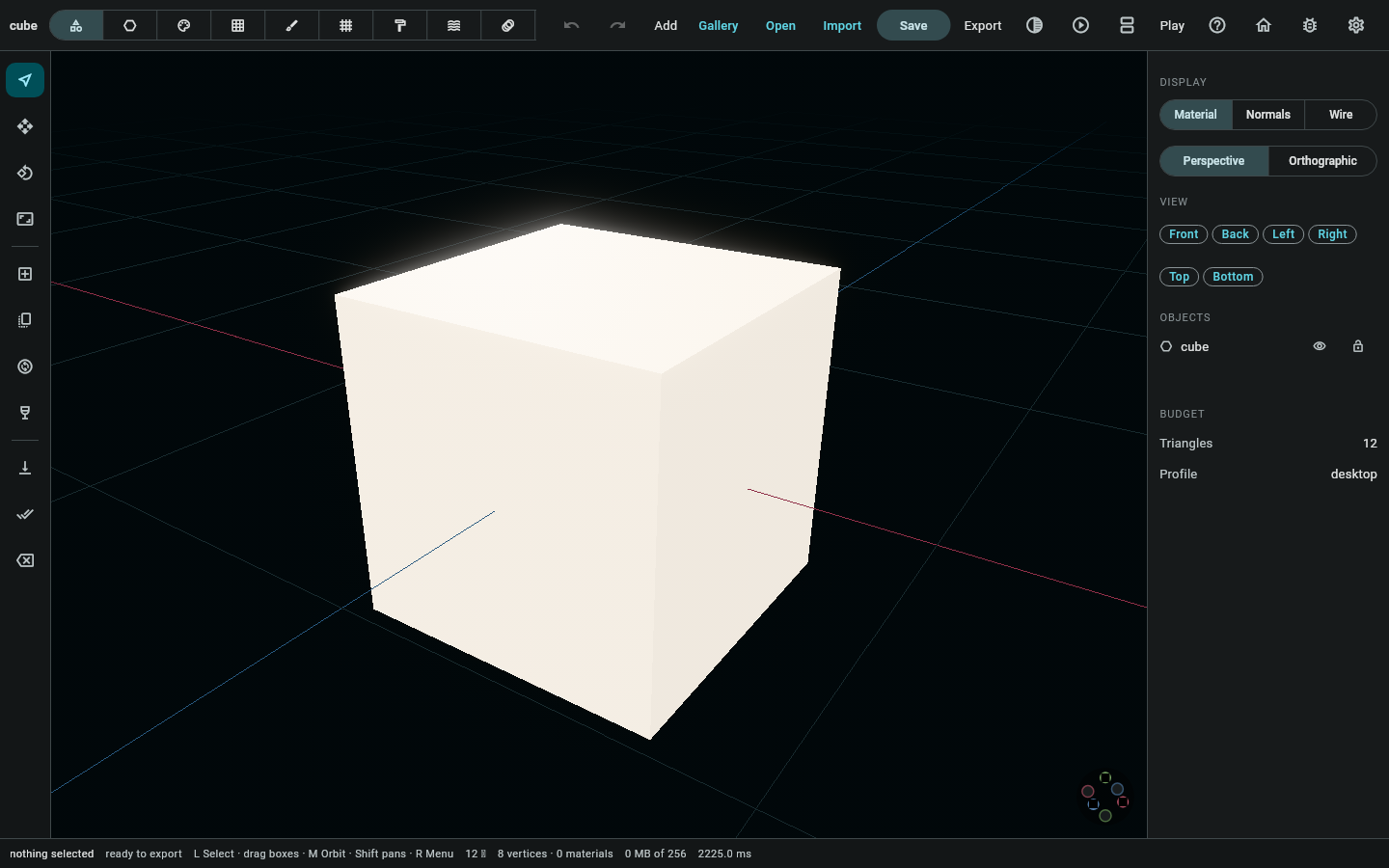 Object mode, which is what a launch opens on: the outliner on the left, the properties panel on the right, the viewport between them