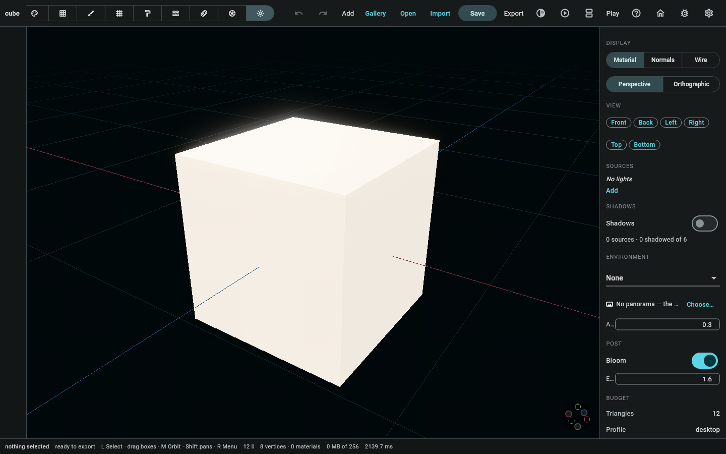 Scene mode: lights and their gizmos, the environment preset, and what the frame looks like with them