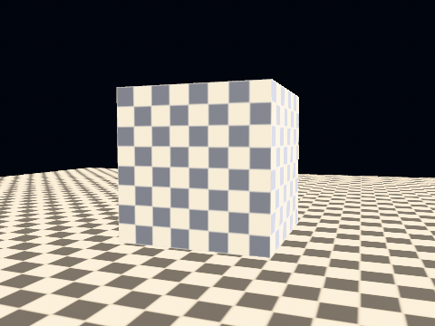 The demo's ground under the cube, retextured with a checkerboard and its mip chain and seen from just above it: eight taps on Impeller and WebGL2, one on the software rasteriser, which answers `maxAnisotropy` of one and draws its own set without them.