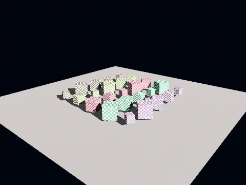 Twenty-five cubes in one draw, each placed, turned, scaled and tinted by its slot-1 record, casting onto the ground.