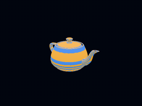 The teapot wearing ExampleStripes, a look the engine never shipped: compiled into the example's own bundle and loaded from bytes before the renderer was built. Leave the bundle out and Renderer.create refuses to start, naming the stage.