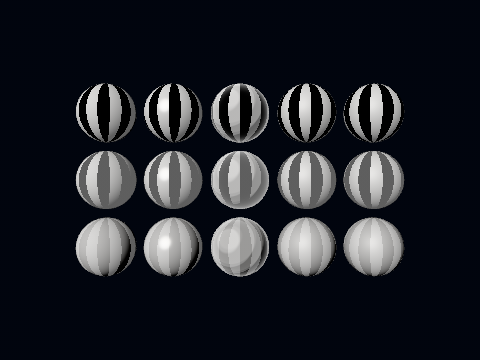 One row per value, both, direct and indirect from the top, the five lit models across: in the black bands of the map the top row is dark, the middle keeps the sky and the bottom keeps the sun.