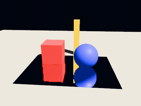 A black mirror set into a lit floor, with a red box, a blue ball and a yellow post standing on and around it. The reflection is the scene drawn through the camera mirrored in the floor, lit and shadowed by the same sun, at half the view's resolution and tinted slightly blue.