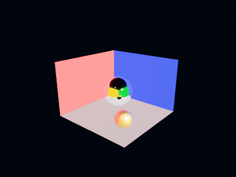 A mirror ball and a brushed one over four coloured walls, reflecting them through a probe at the mirror: the walls captured into six cube faces, the chain filtered level by level on the device, the brushed ball reading a level and a half down.