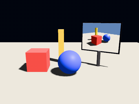 The same props on the same floor, and a monitor on a stand showing what a second camera off to the left sees of them, drawn earlier in the same frame.