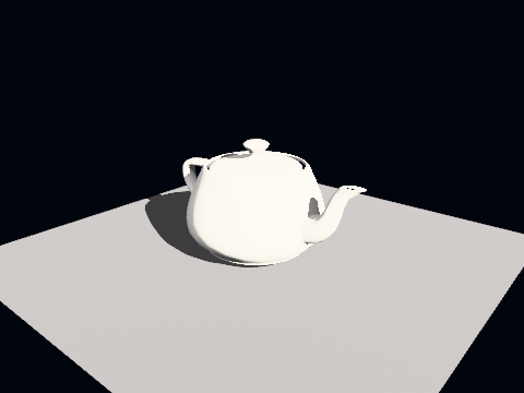 The teapot under a low sun: cascaded directional shadows, PCF 3×3, no bloom.