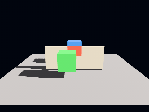 A wall, a cube behind it and a cube in front. The far cube is a silhouette through the wall and lit where it shows above it; the silhouette is notched around the near cube's lit face.
